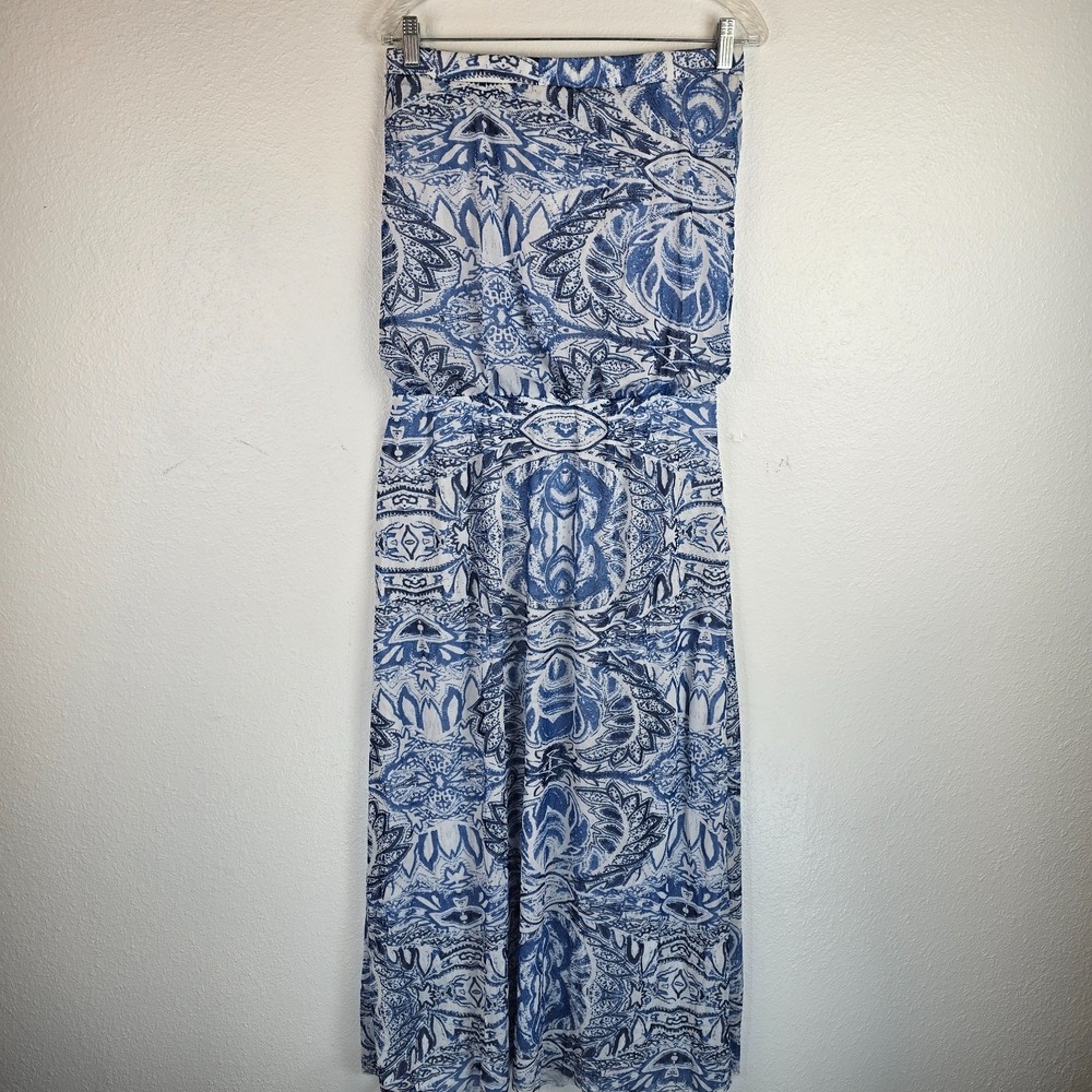 Women's Strapless Maxi Dress Blue White Paisley Print Cinched Elastic Waisted
